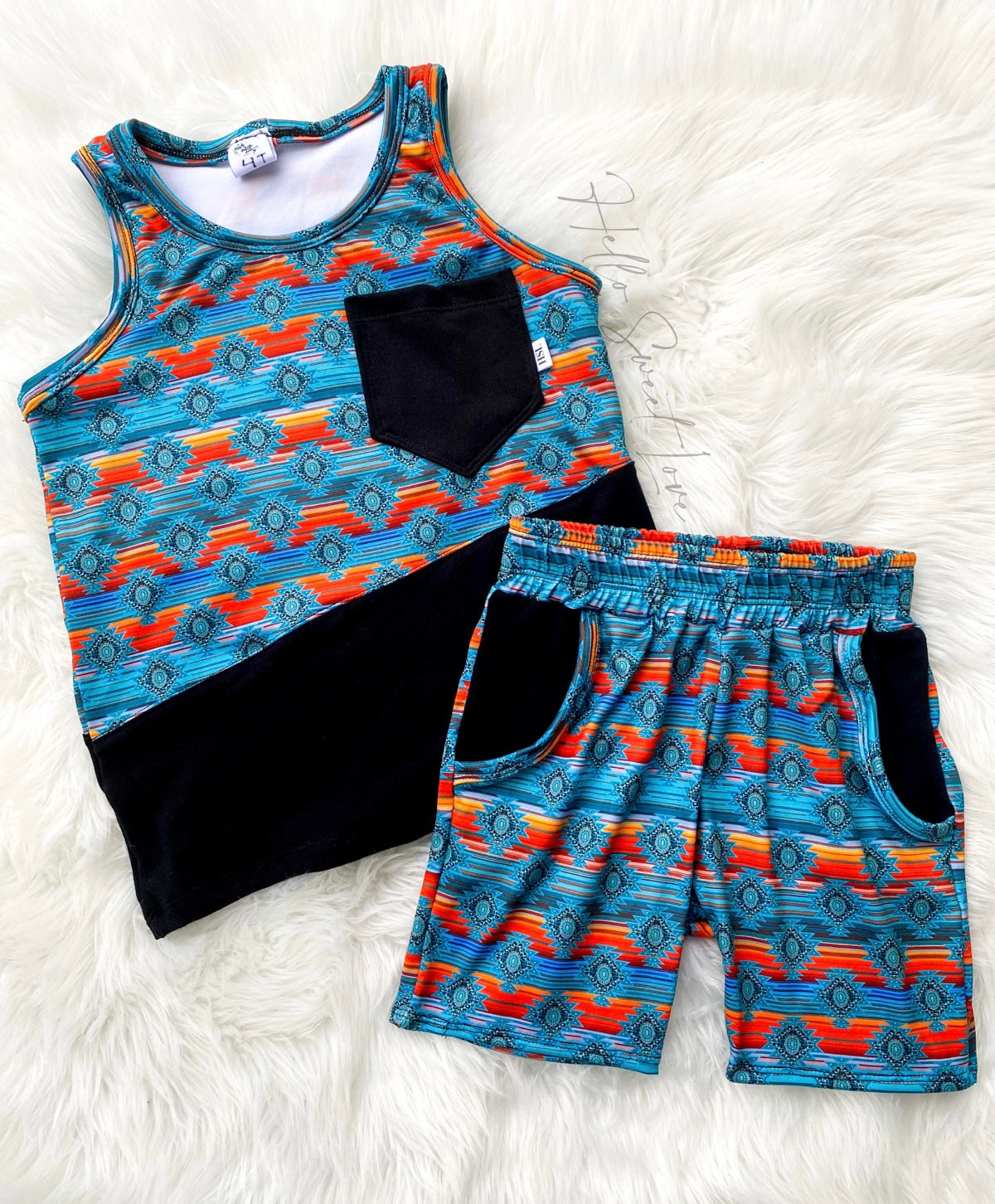 Teal Aztec- boy tank & shorts