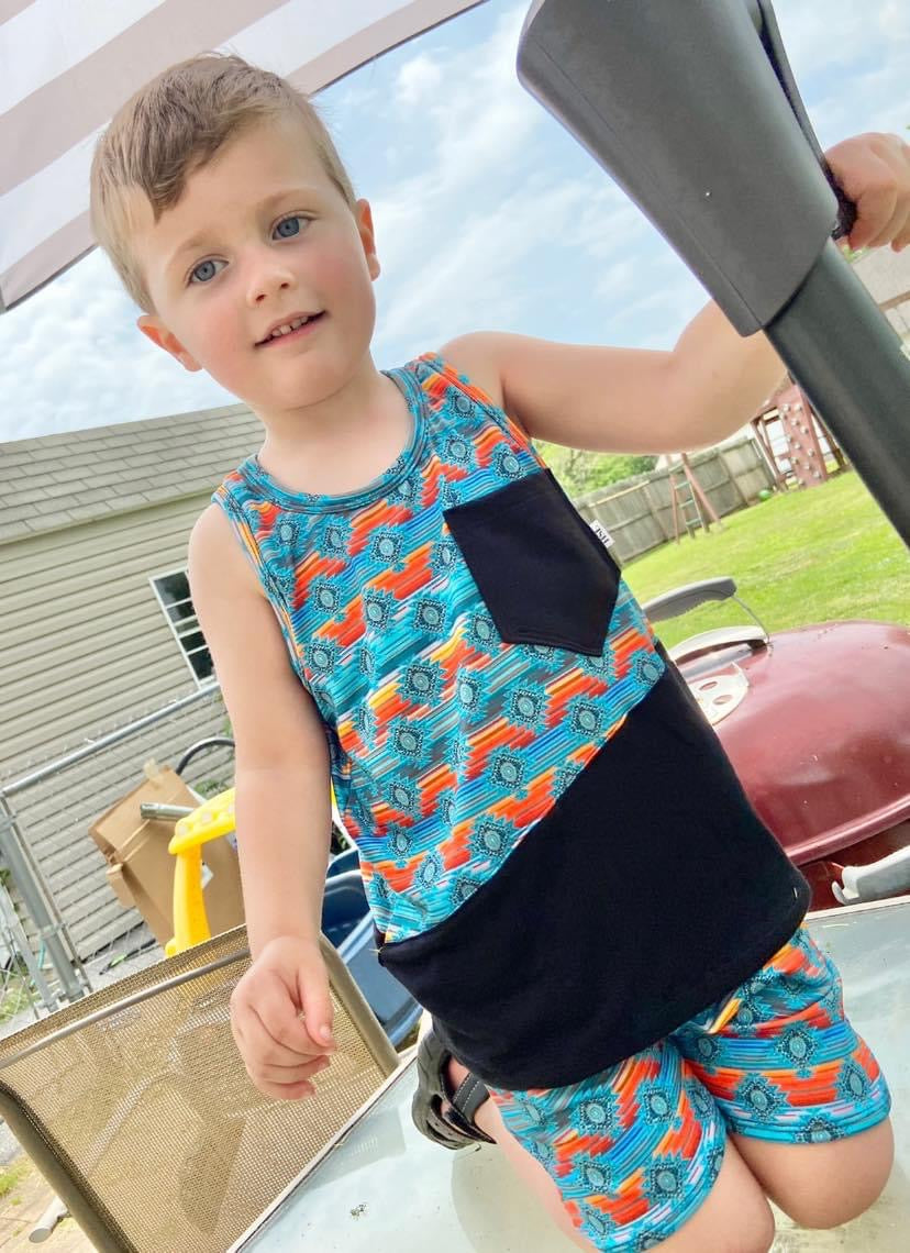 Teal Aztec- boy tank & shorts